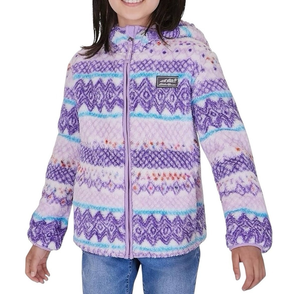 Eddie Bauer Kids Quest Plush Fleece Hooded Jacket Girls Size M Purple Fair Isle